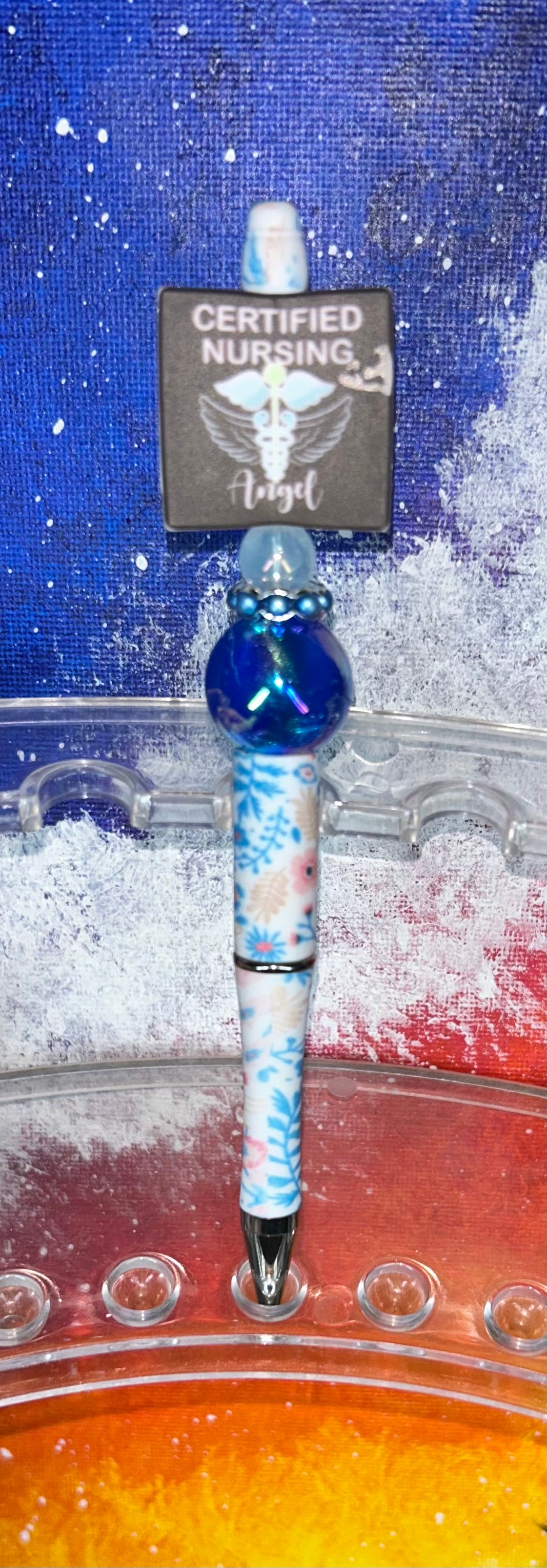 Certified Nursing Angel Blue Floral Pen