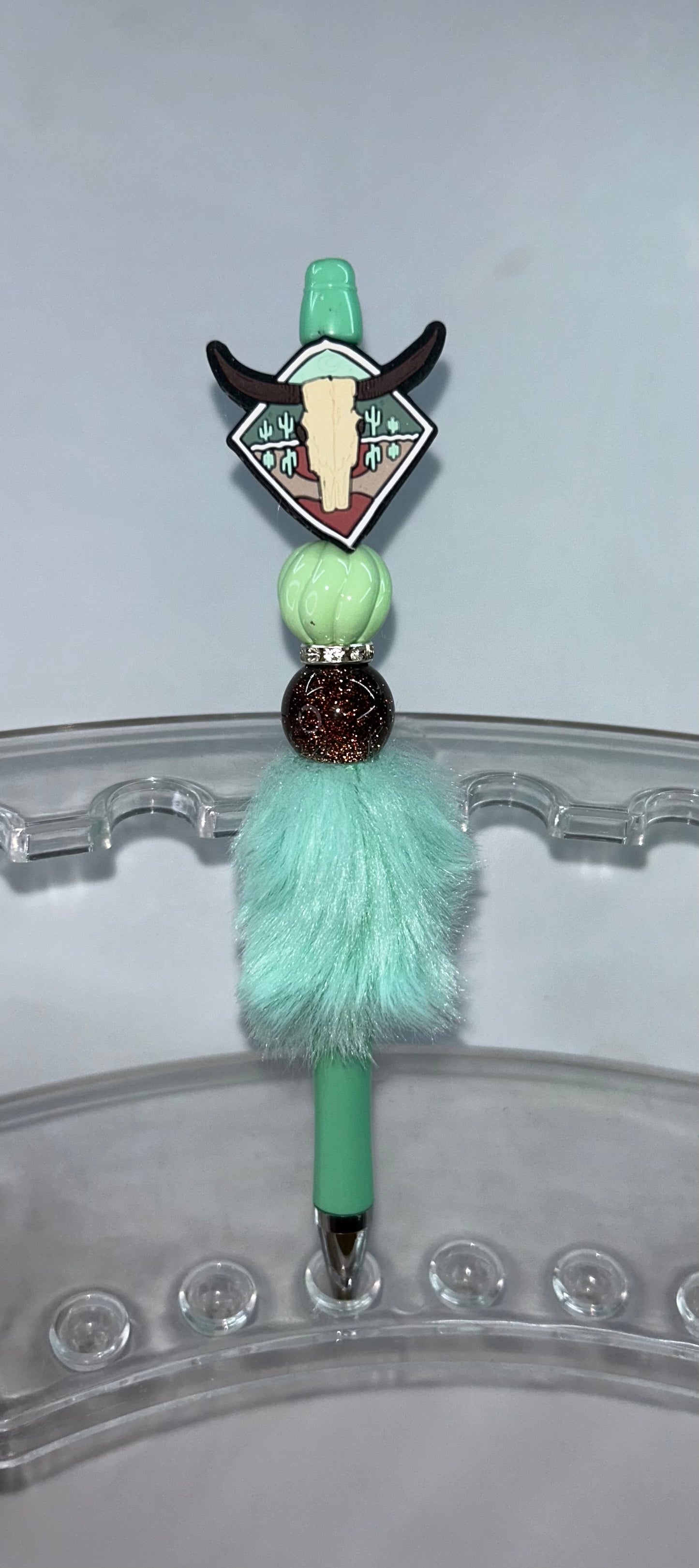 Western Cow Head Teal Fluffy Pen