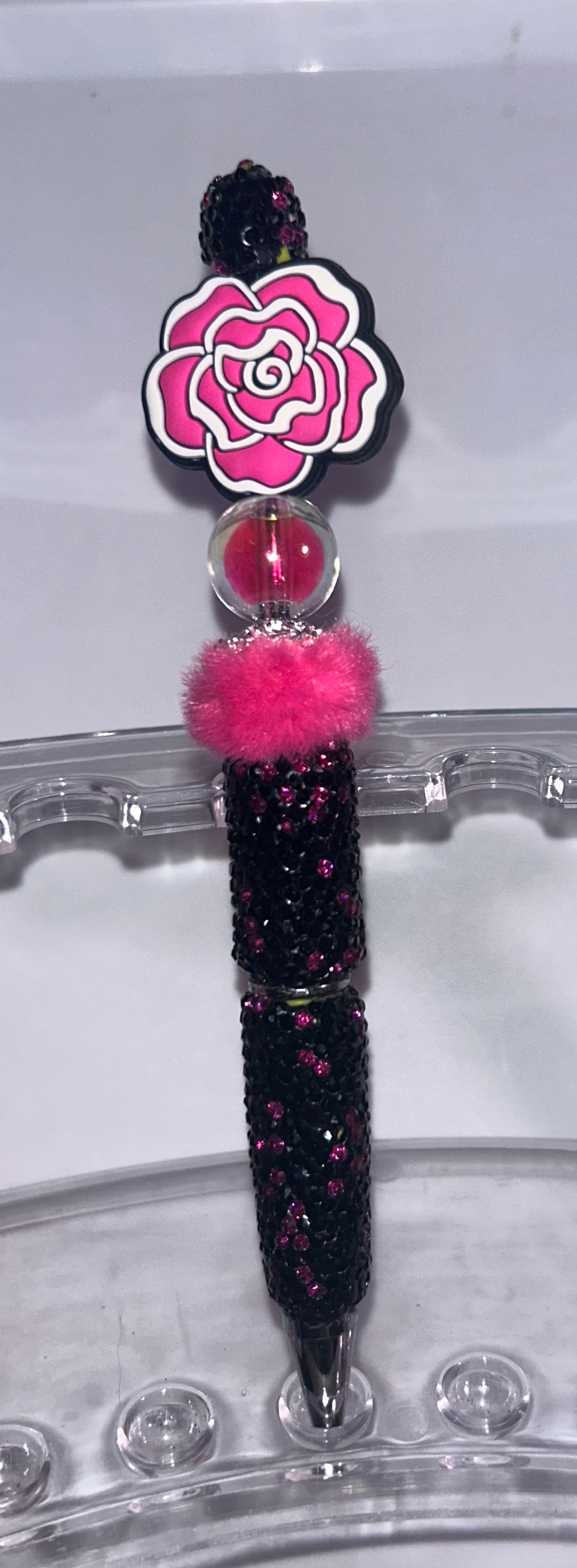 Big Pink Rose on Black Bling Pen