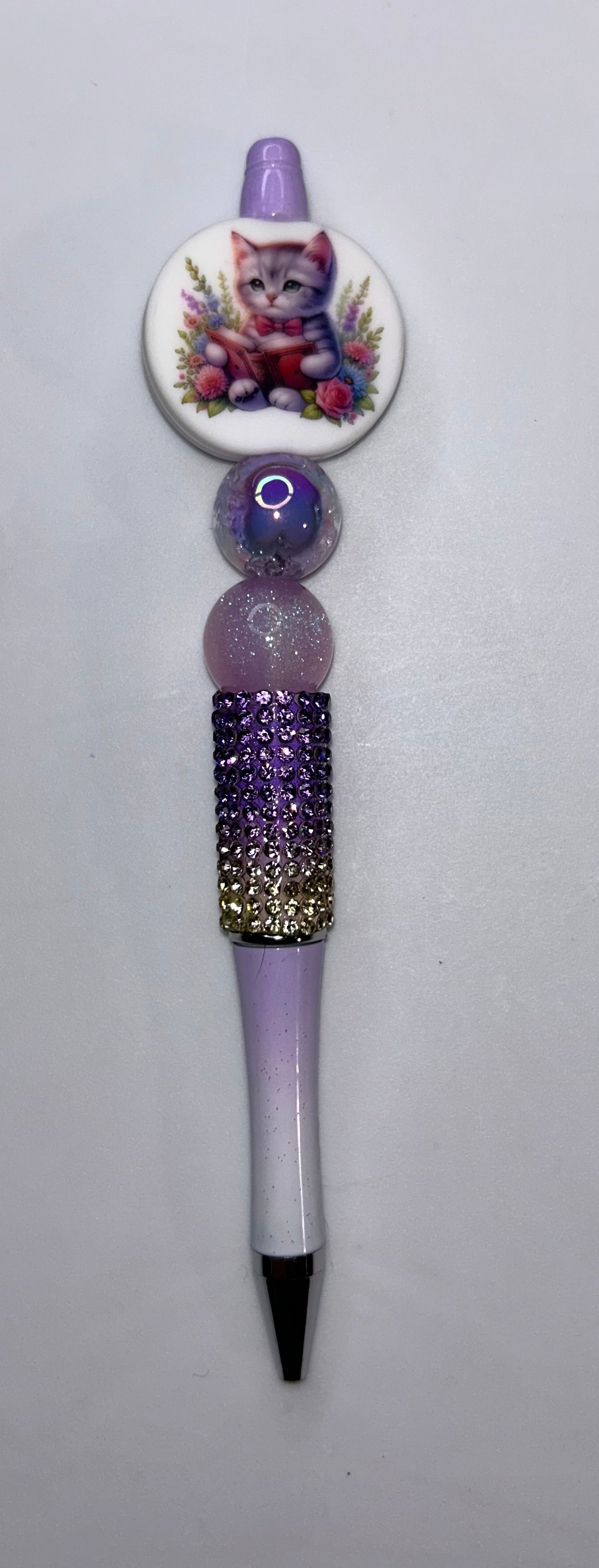 Cat Reading Book Purple Ombre Bling Pen