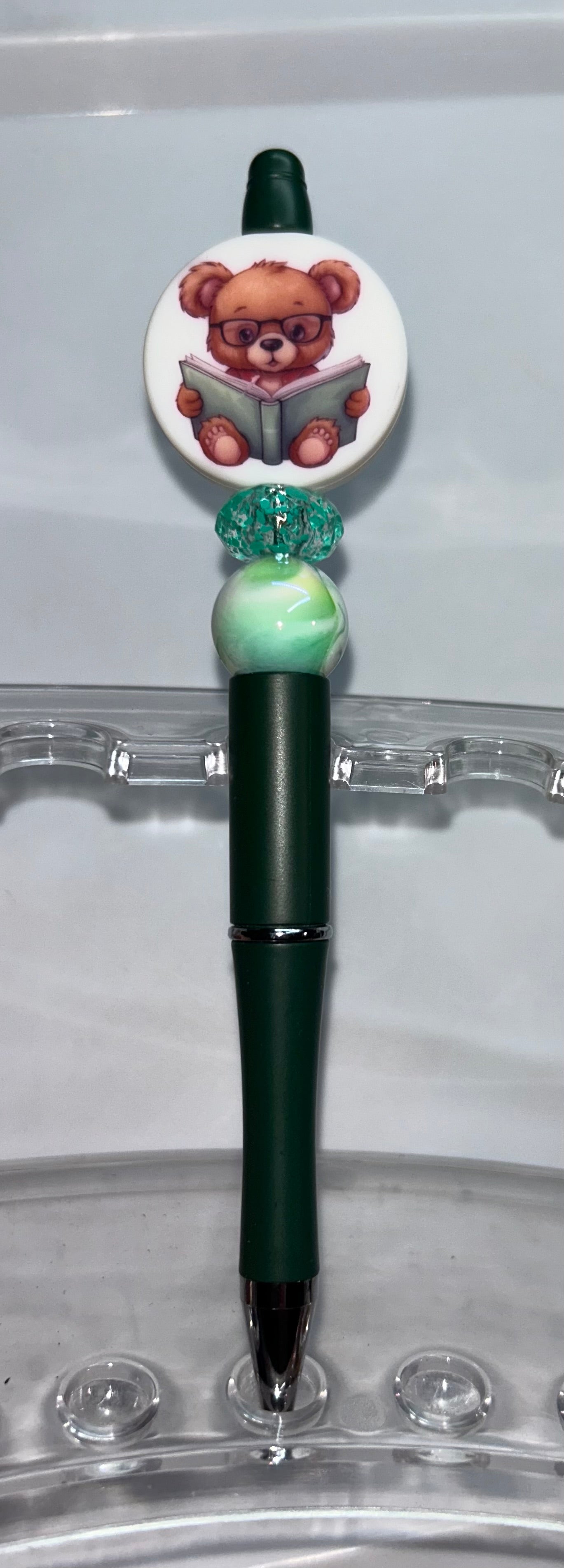 Bear Reading Book Round Dark Green Pen