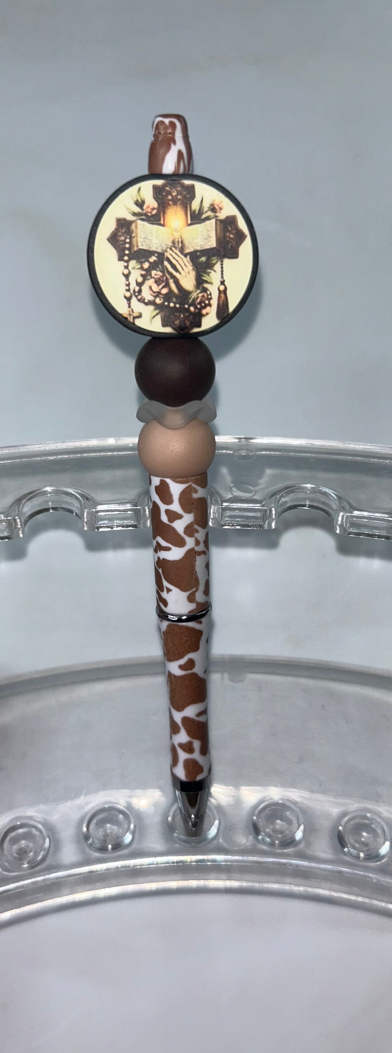 Round Bible Cross Cow Print Pen