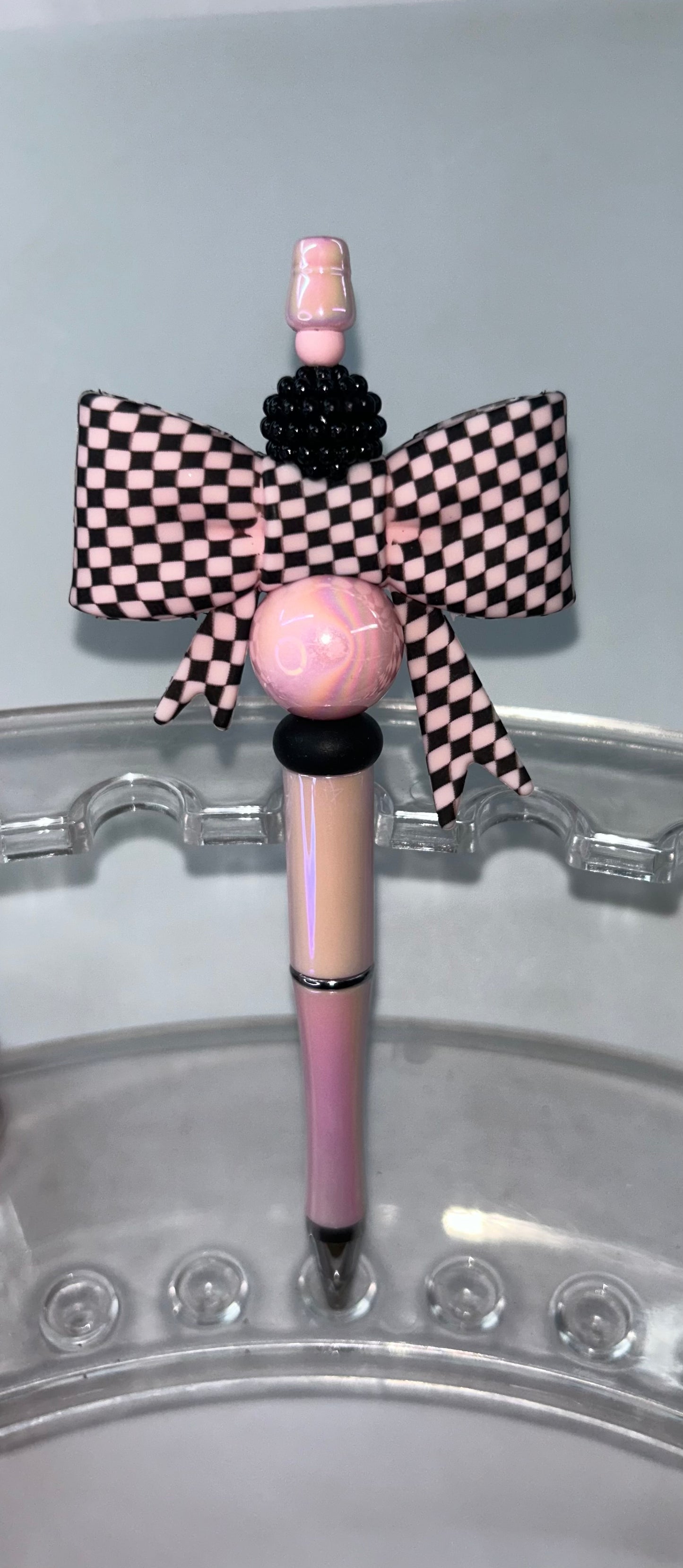 Pink Checkered Bow Light Pink Pen