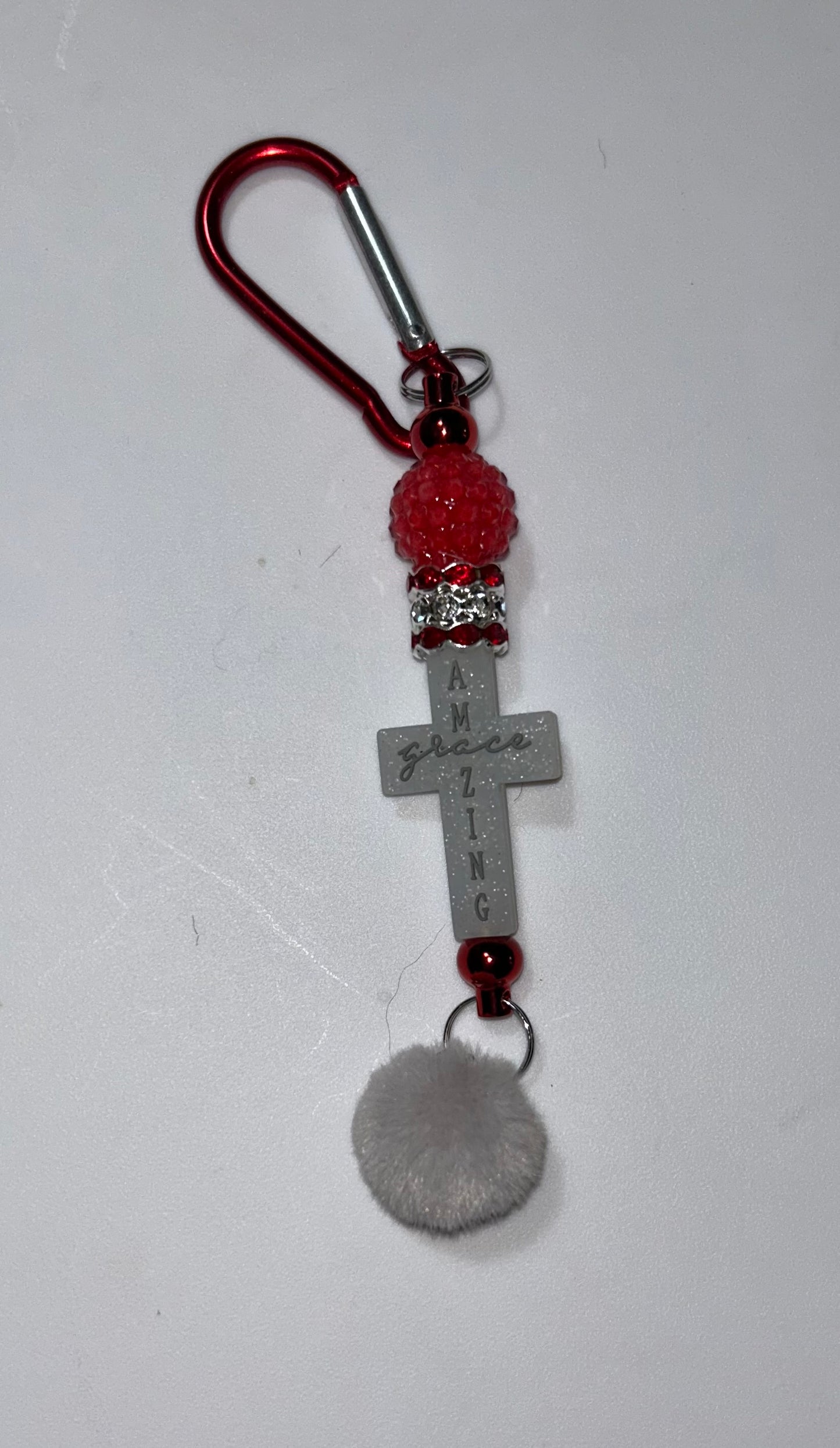 Amazing Grace Cross Grey Pompom Keychain