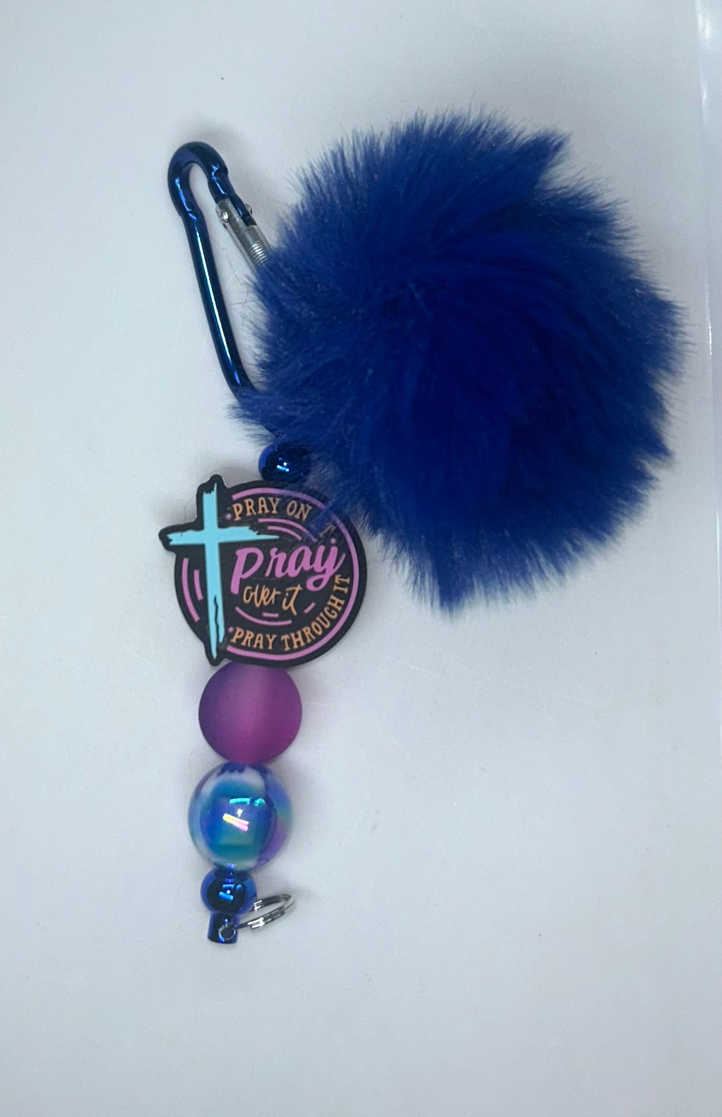 Pray On It Pray Over It Pray Through It Blue PomPom Key Chain