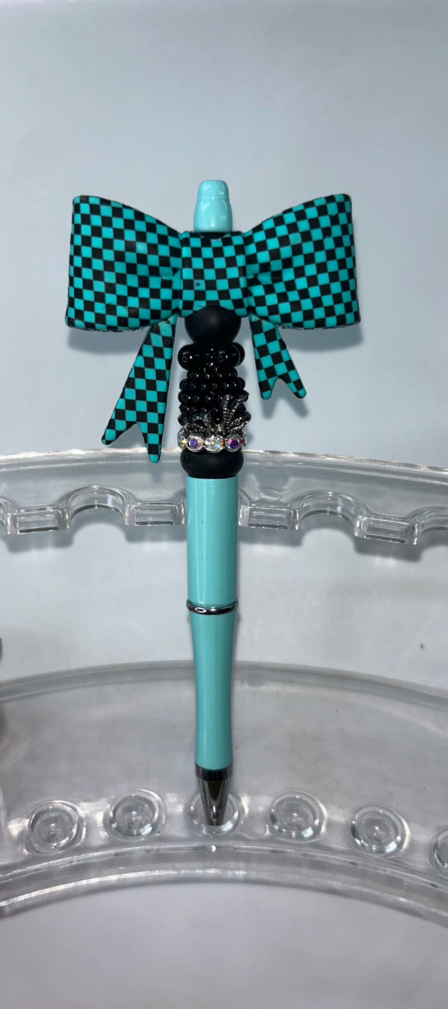 Teal Checkered Bow Teal Pen