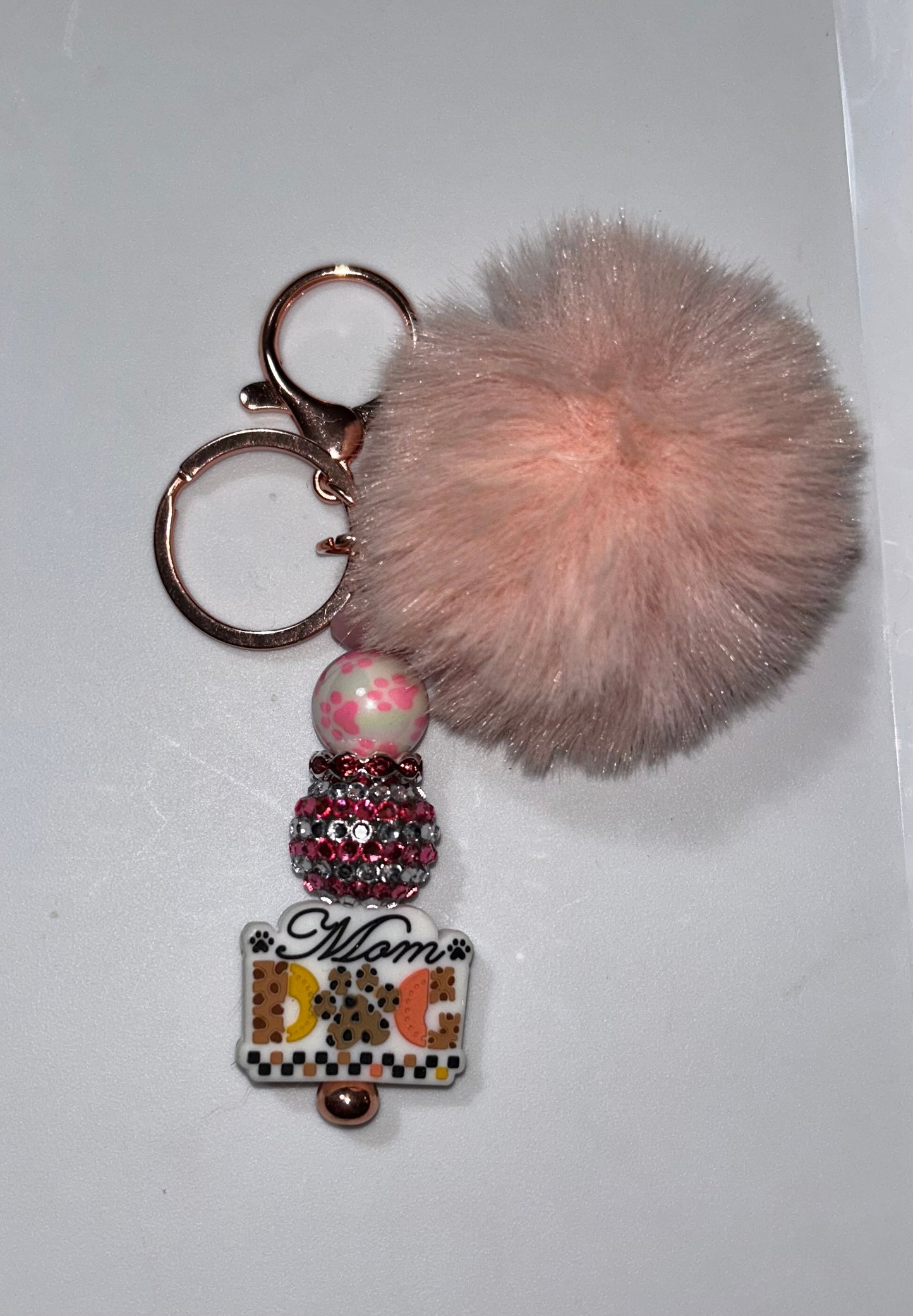 Dog Mom Pink Pompom Keychain