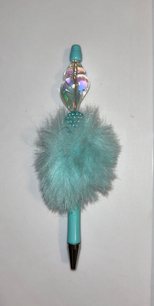 Clear Sea Shell Teal Fluff Pen
