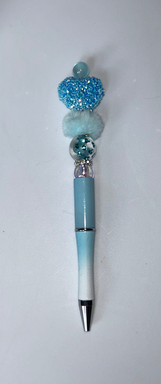Blue Crystal Heart Pompom Blue Ombré Pen