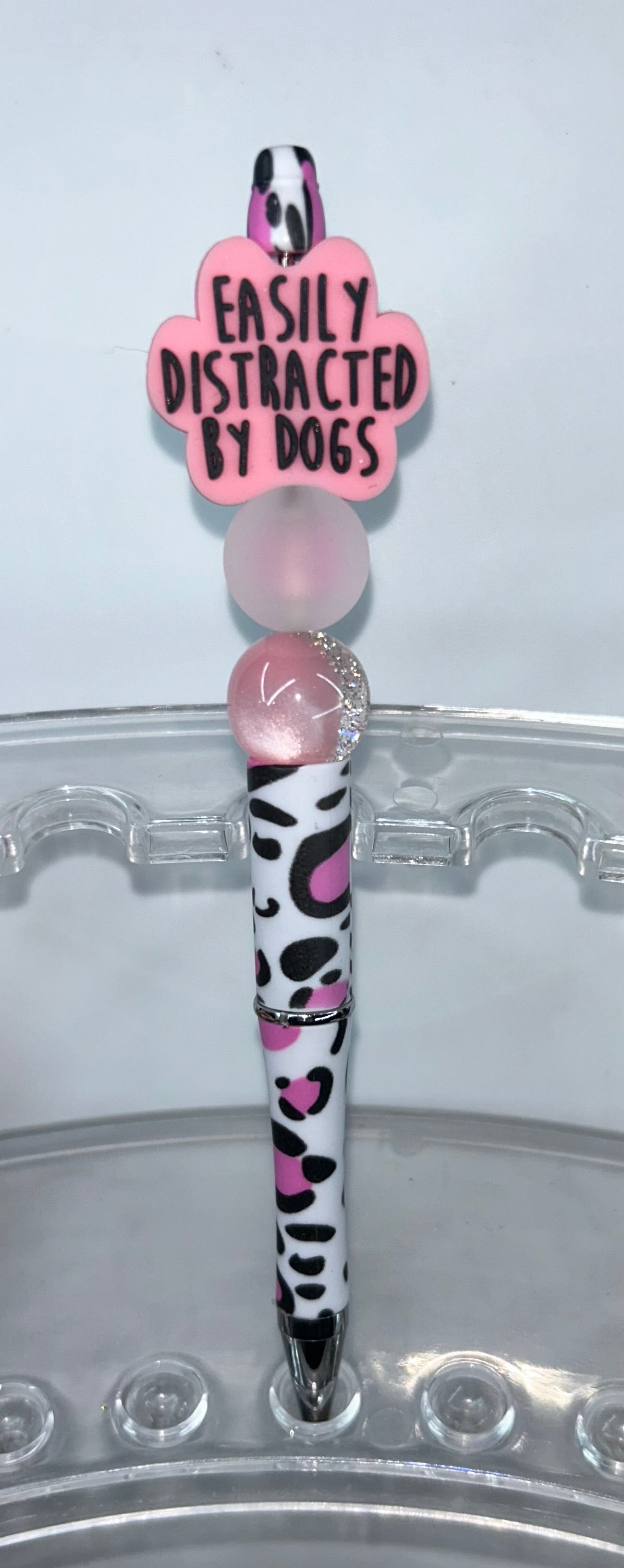 Easily Distracted By Dogs Pink Cow Print White Pen