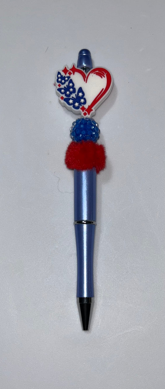 Patriotic Heart Pompom Blue Pen
