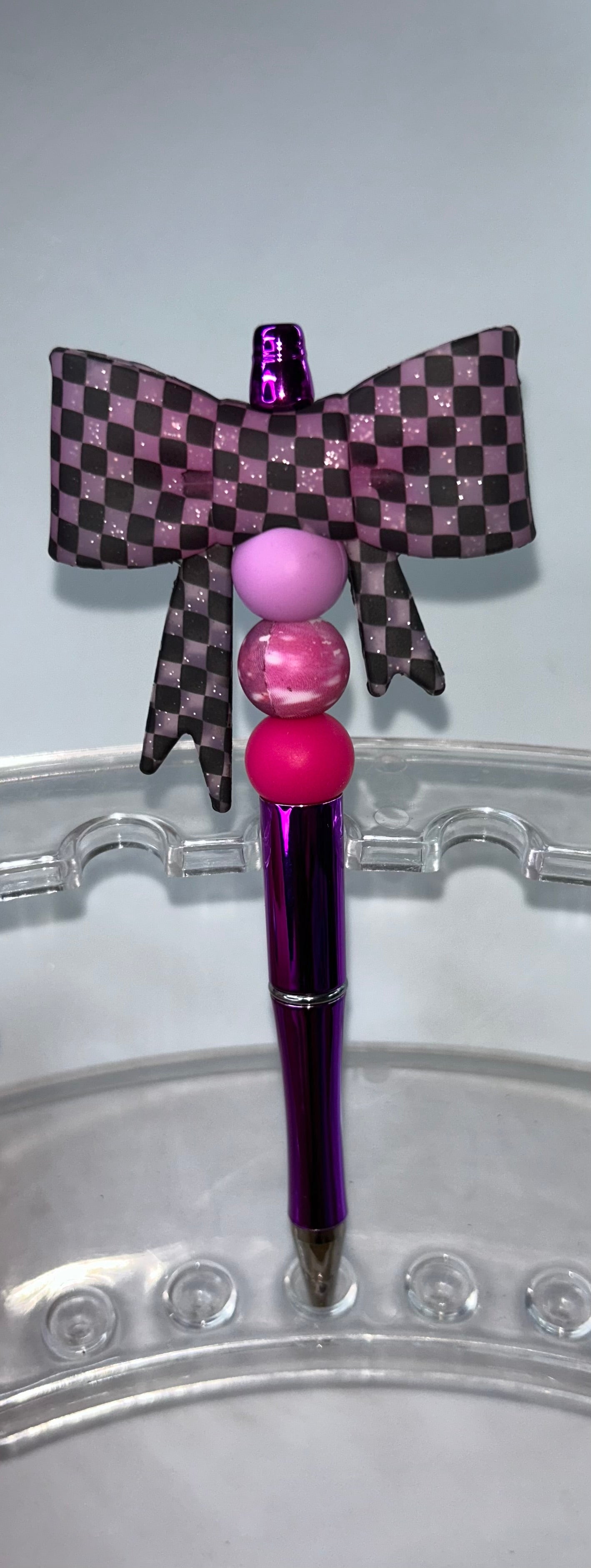 Pink Checkered Bow Shiny Pink Pen