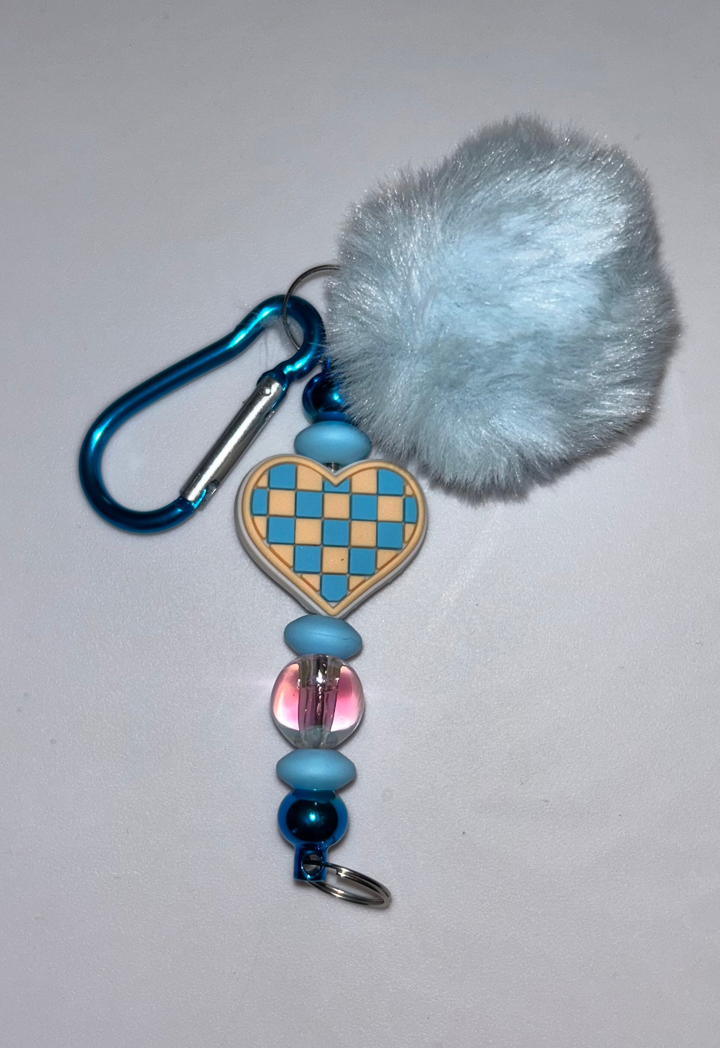 Checkered Heart Blue PomPom Keychain