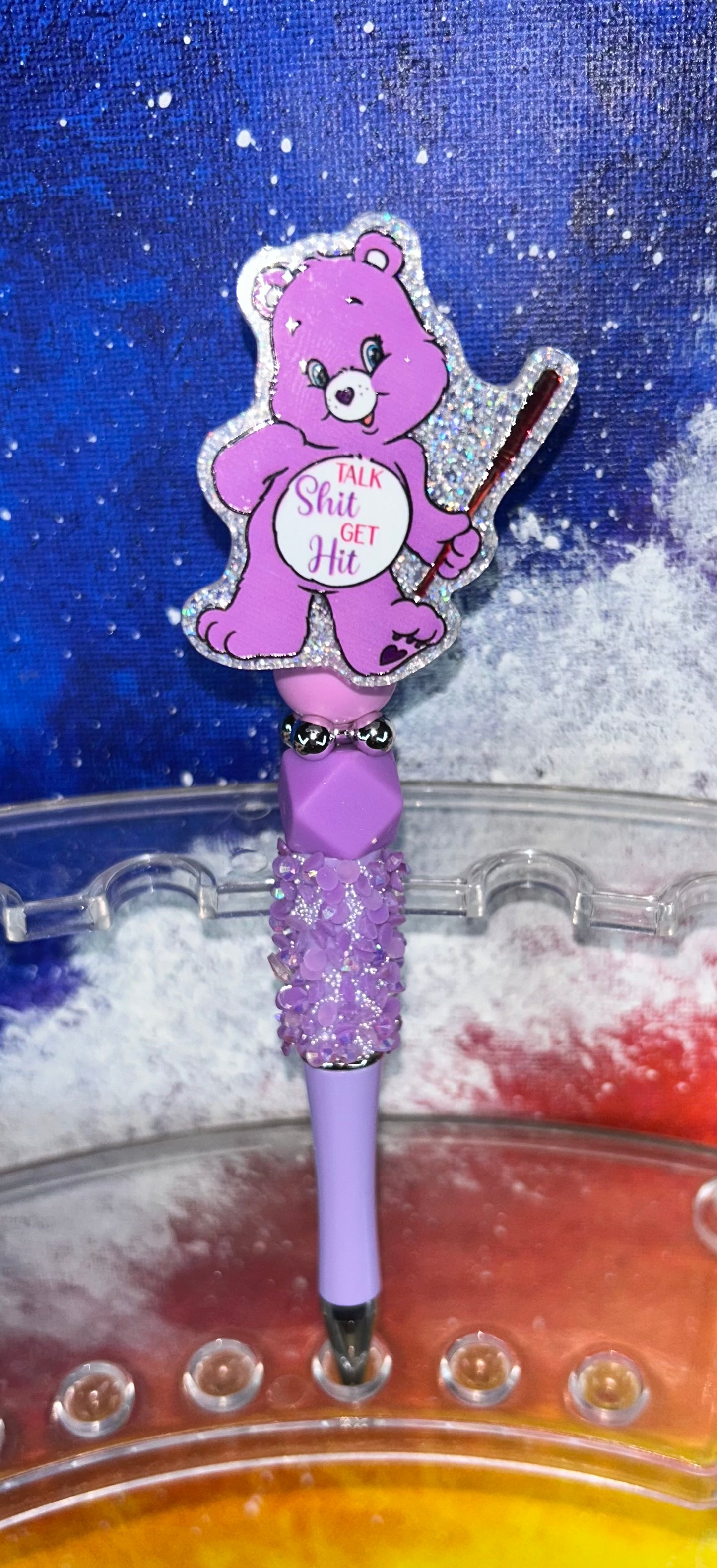 Talk Sh!t Get Hit Purple Spinning Swear Bear Purple Crystal Pen
