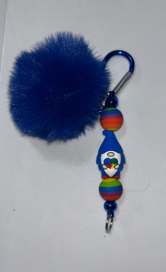 Blue Autism Gnome Blue Pompom Keychain