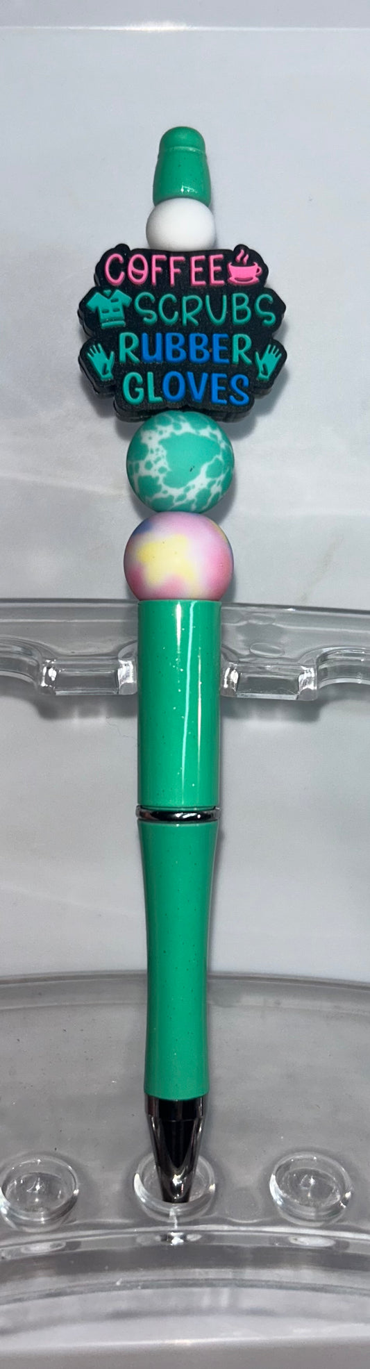 Coffee Scrubs Rubber Gloves Teal Pen