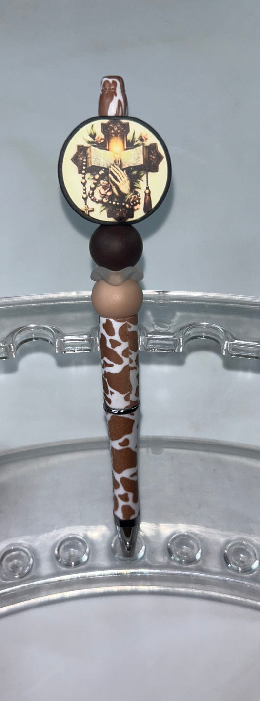 Round Bible Cross Cow Print Pen