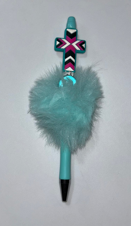 Teal Fluffy Pink & Black Cross Pen