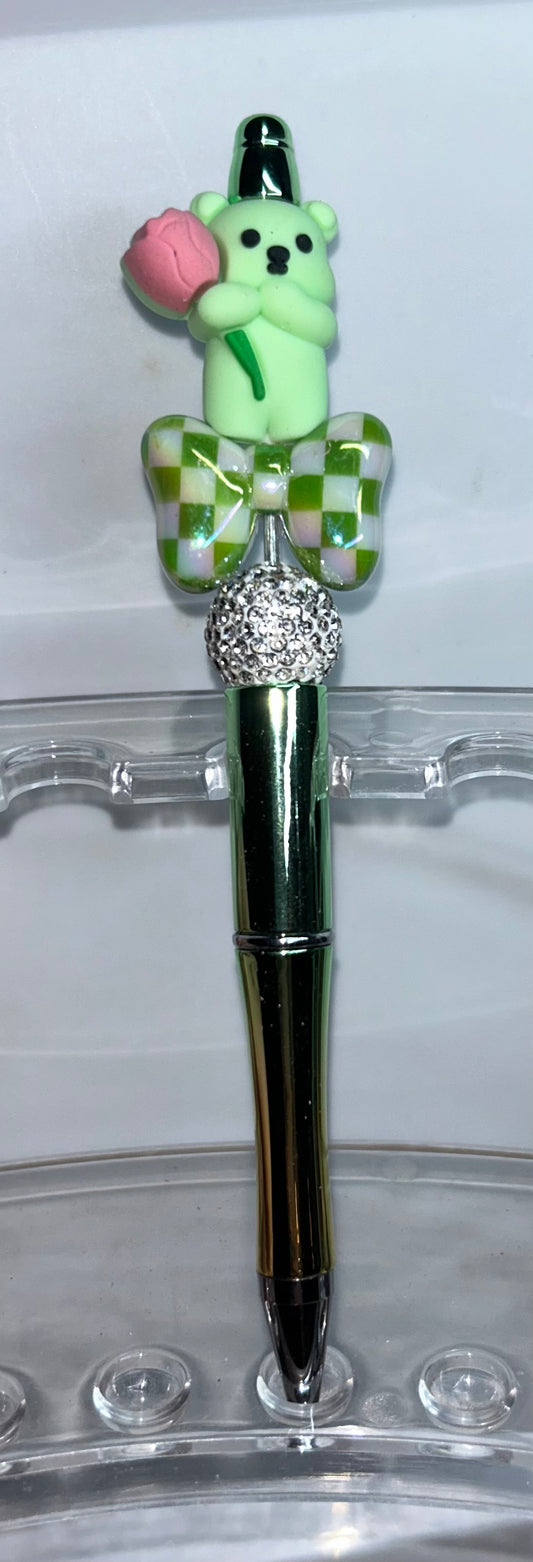 Green Bear with Flower Metallic Pen