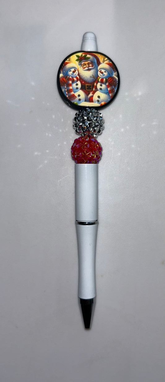 Santa Snowmen Round White Pen