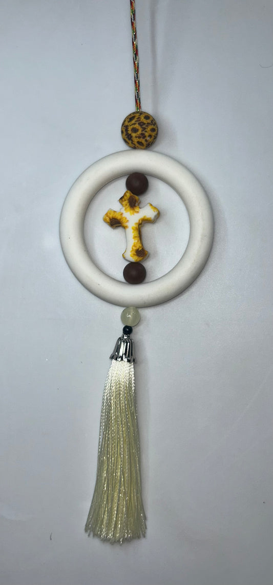 Sunflower Cross White Car Charm
