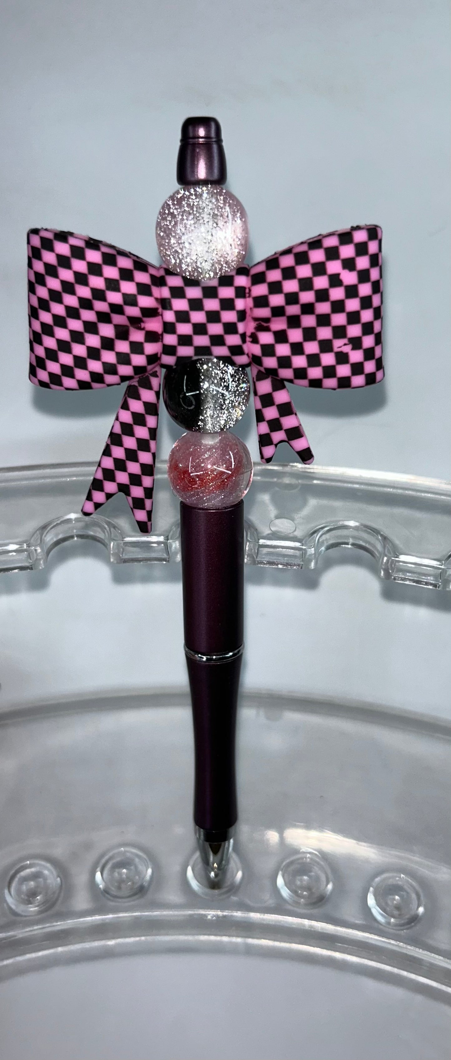 Pink Checkered Bow Black Pen