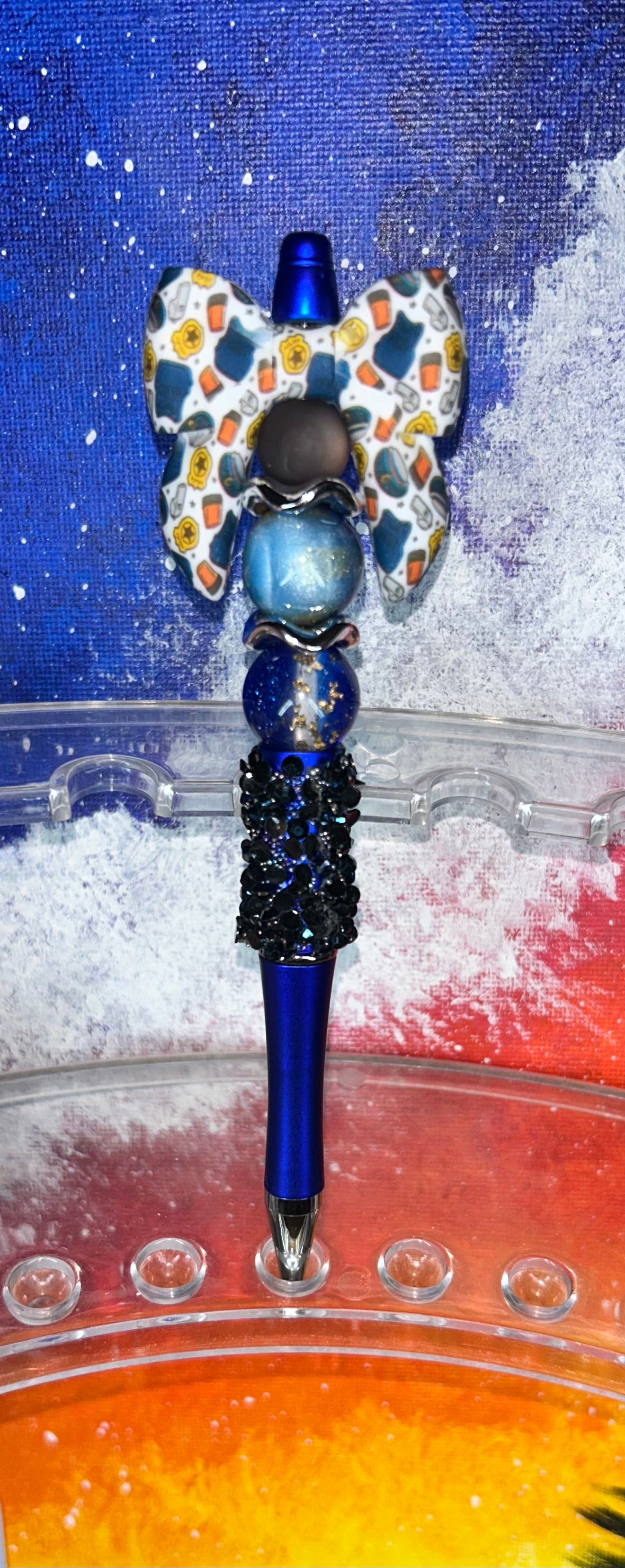 Police Bow Black Crystal Royal Blue Pen
