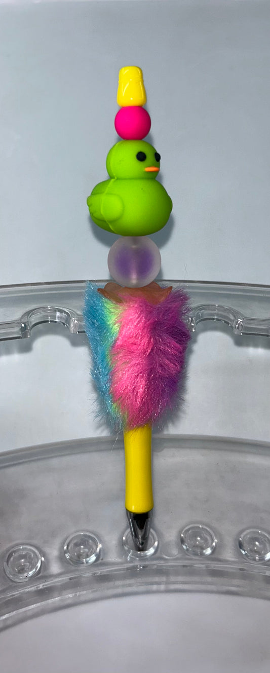 Green Duck Rainbow PomPom Yellow Pen