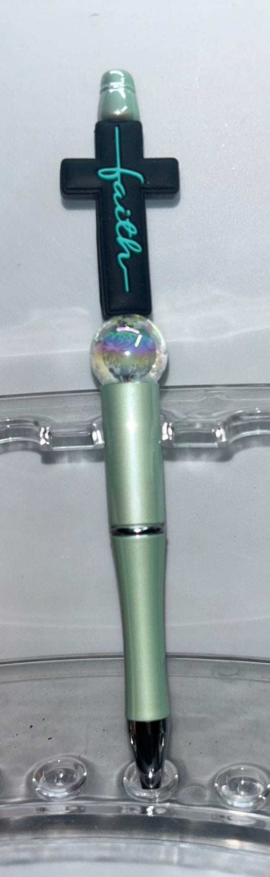 Teal Faith Cross Light Green Pen