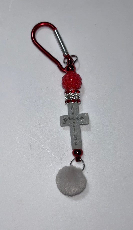 Amazing Grace Cross Grey Pompom Keychain