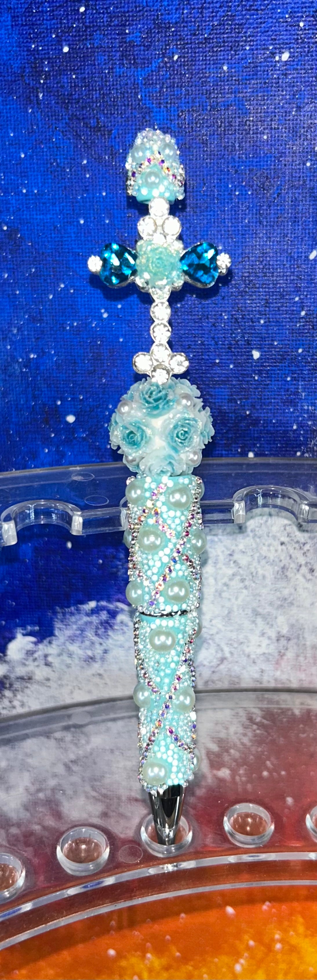 Teal Crystal Cross Teal Pearl Specialty Pen