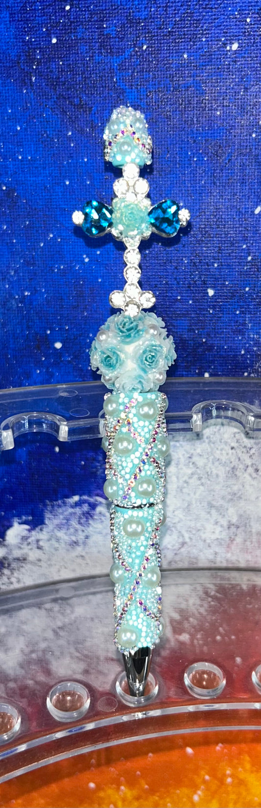 Teal Crystal Cross Teal Pearl Specialty Pen