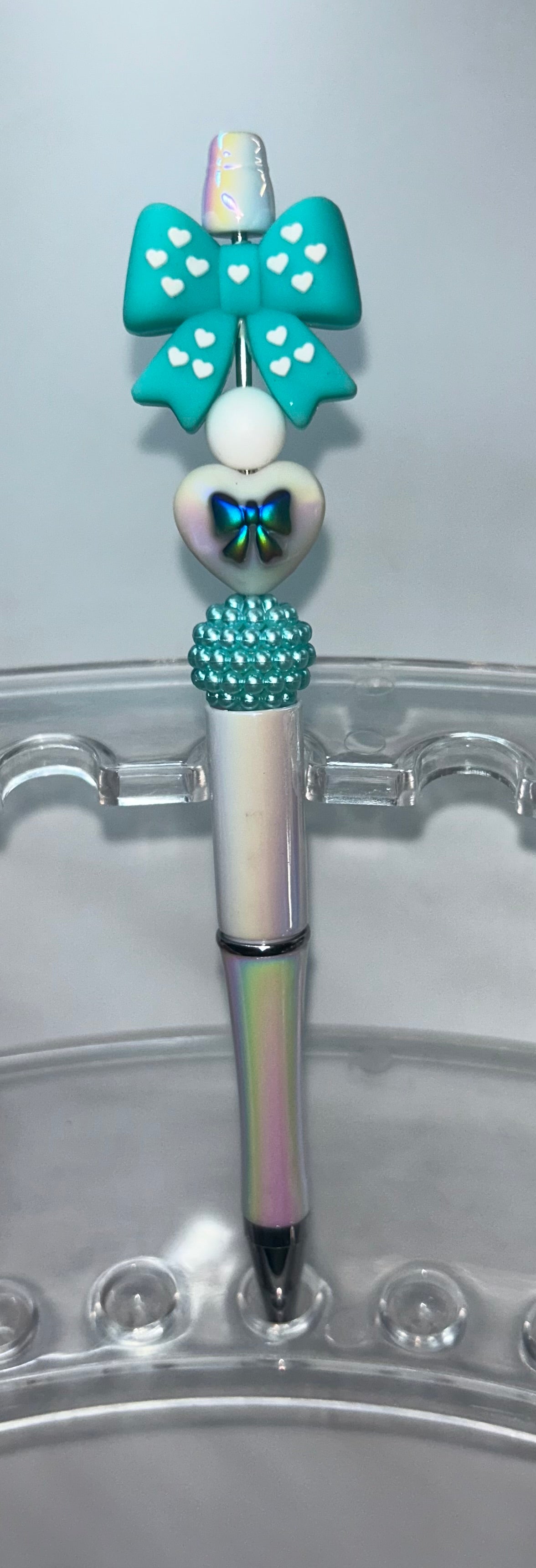 Teal Bow White Pearl Pen