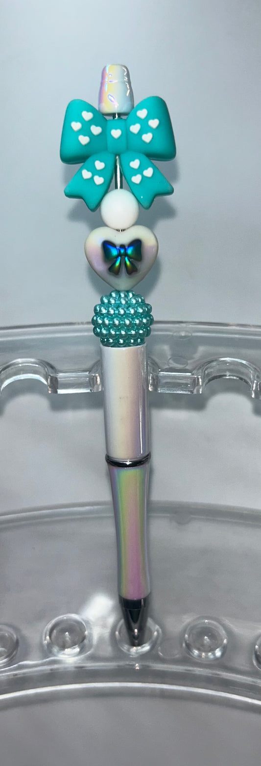 Teal Bow White Pearl Pen
