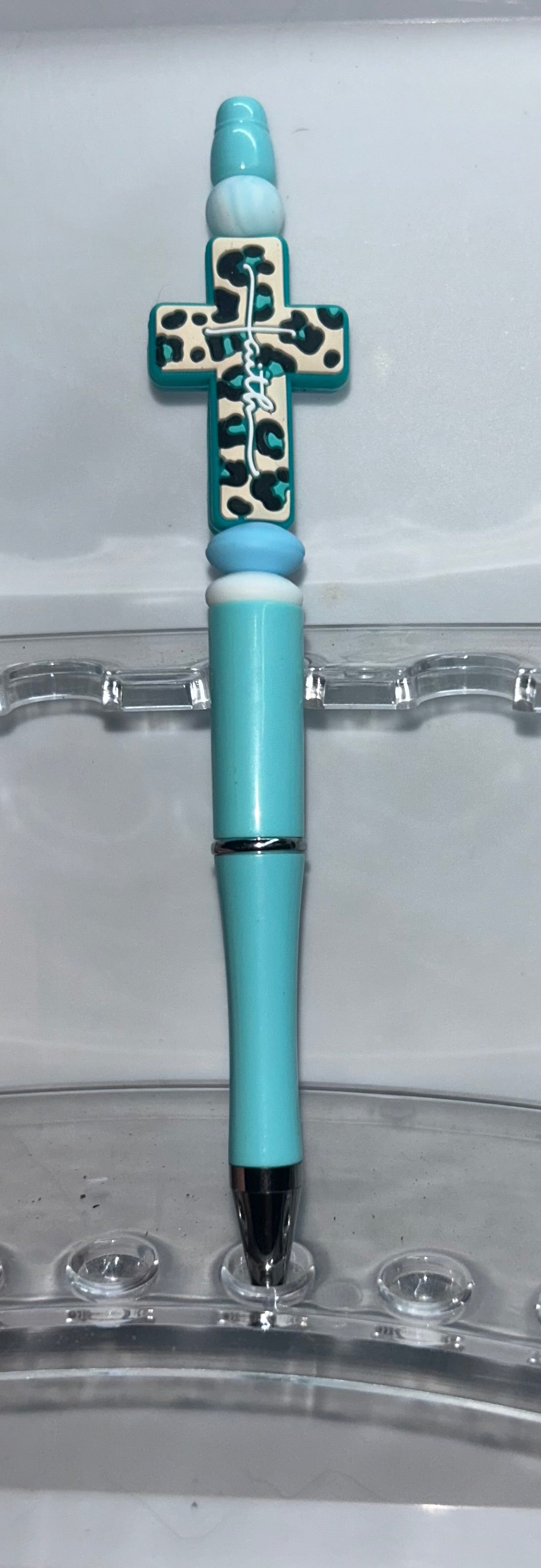 Cow Print Faith Cross Light Blue Pen