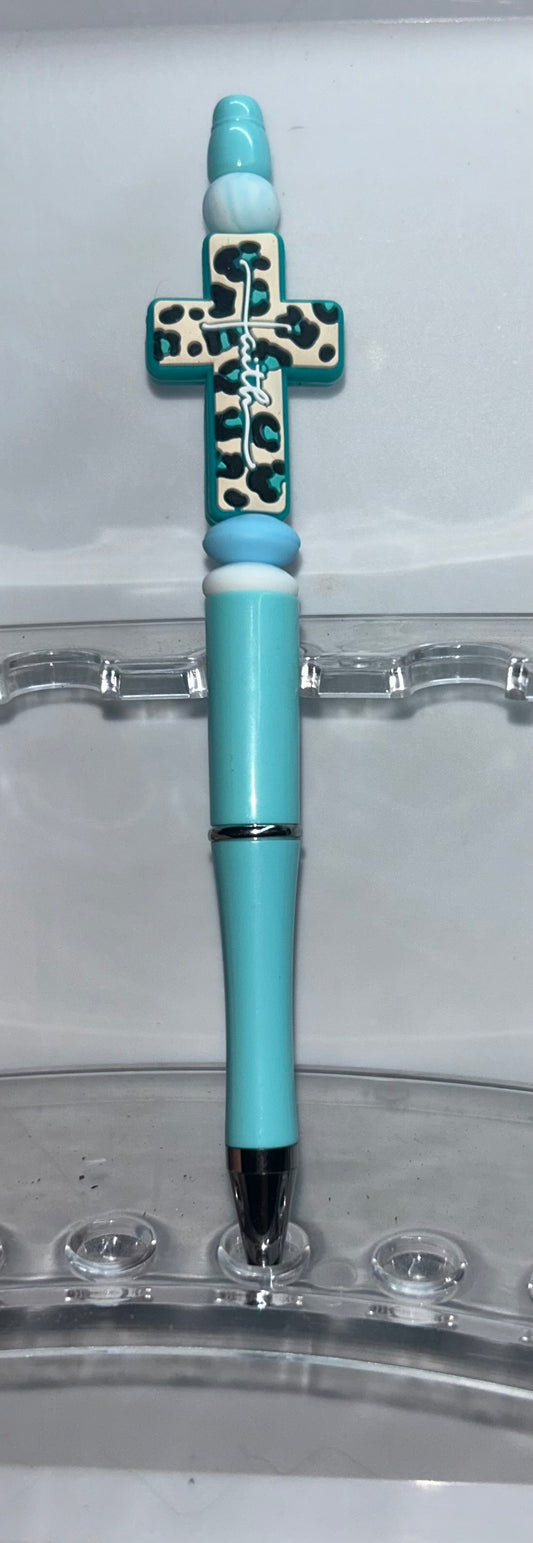 Cow Print Faith Cross Light Blue Pen