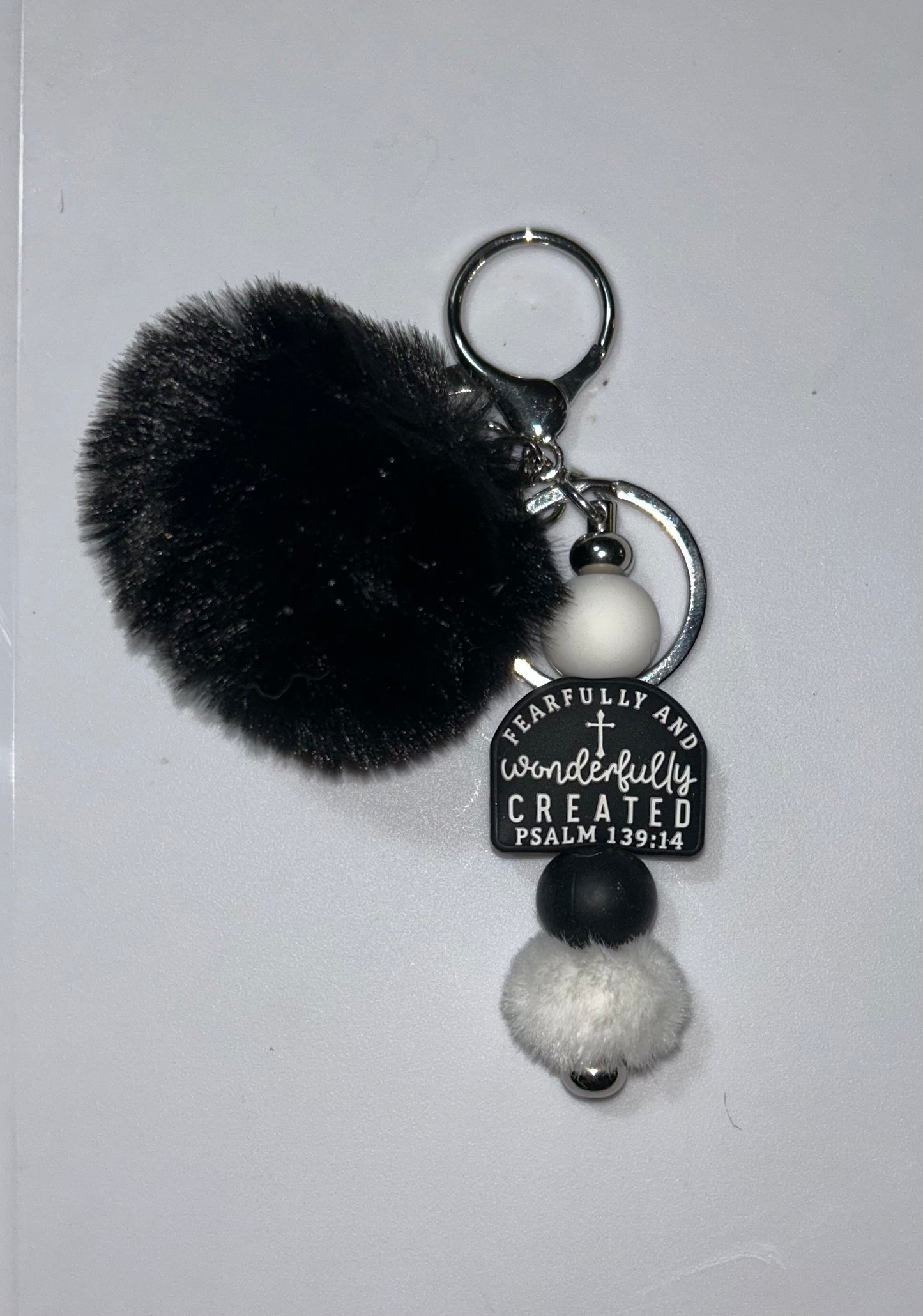 Fearfully And Wonderfully Created Black Pompom Keychain
