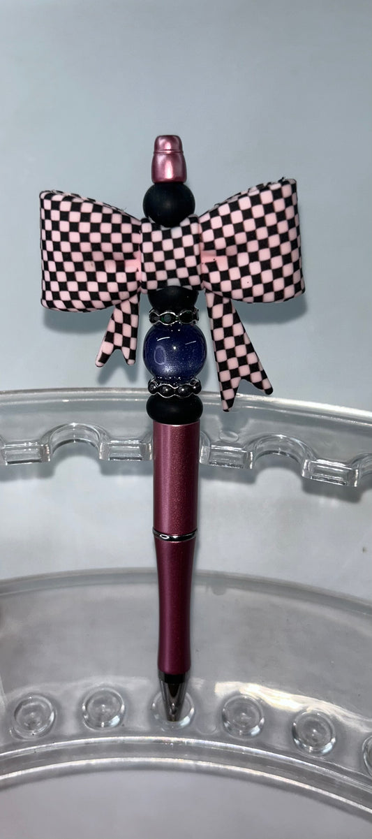 Pink Checkered Bow Rose Pen