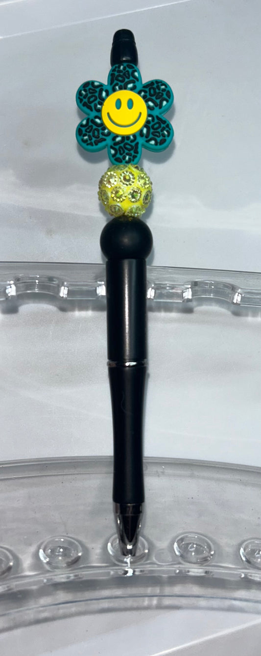 Teal Smilie Flower Black Pen