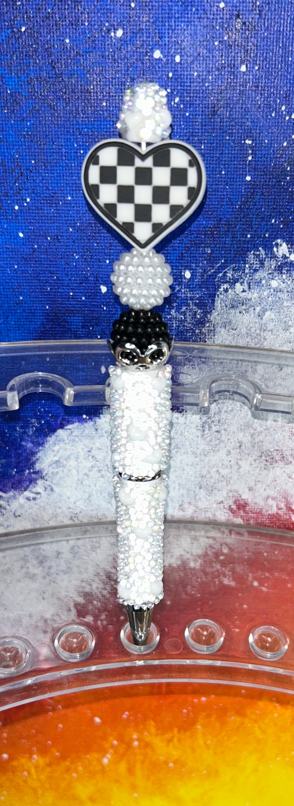 Black/White Checkered Heart White Heart Pen