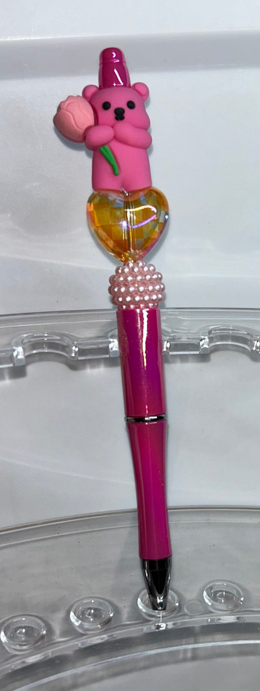 Pink Bear With Flower Shiny Pink Pen