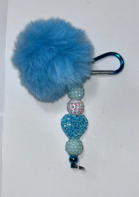 Blue Crystal Heart Pompom Keychain