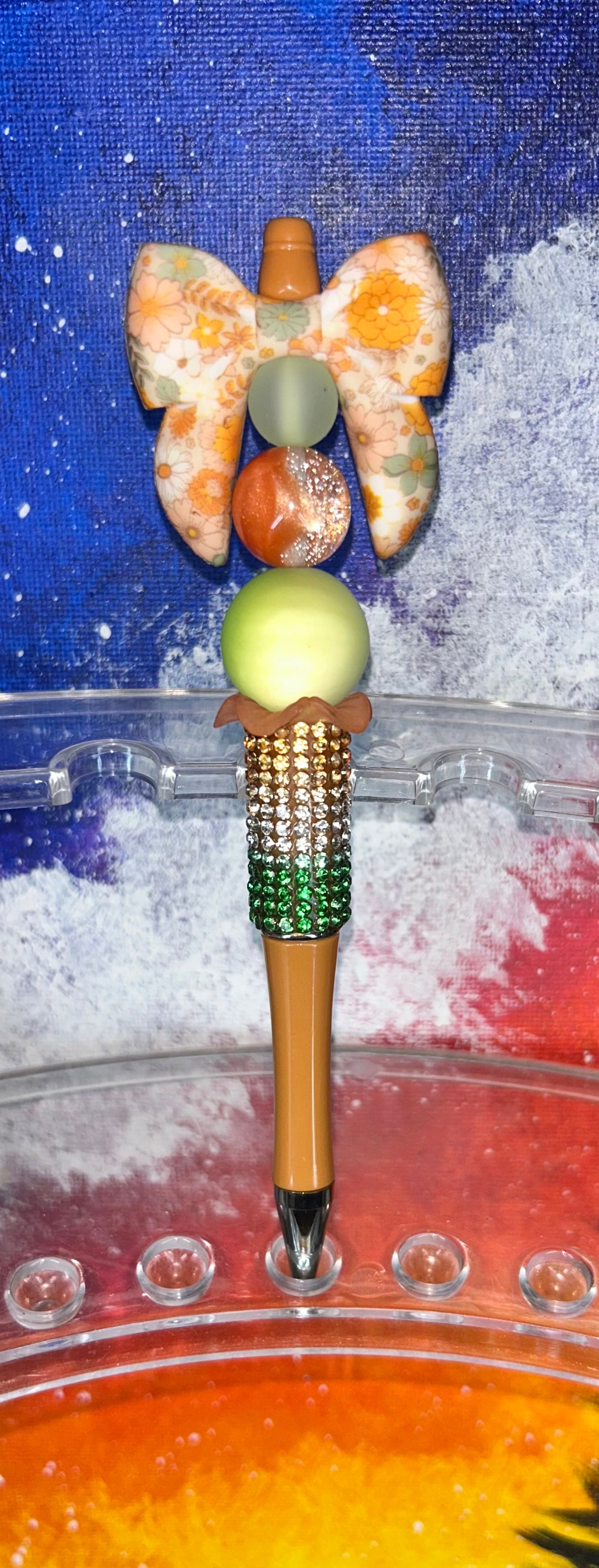 Floral Bow Orange Green Silver Ombre' Bling Pen