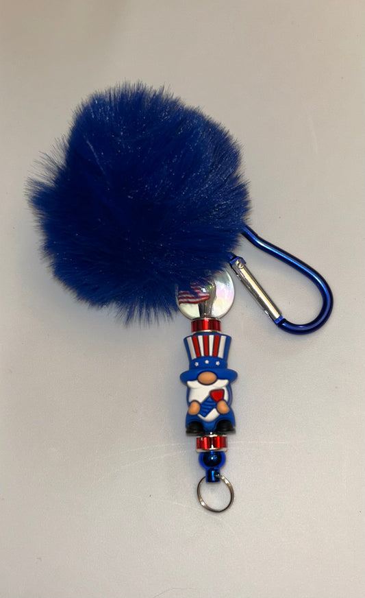Patriotic Gnome Blue Pompom Keychain