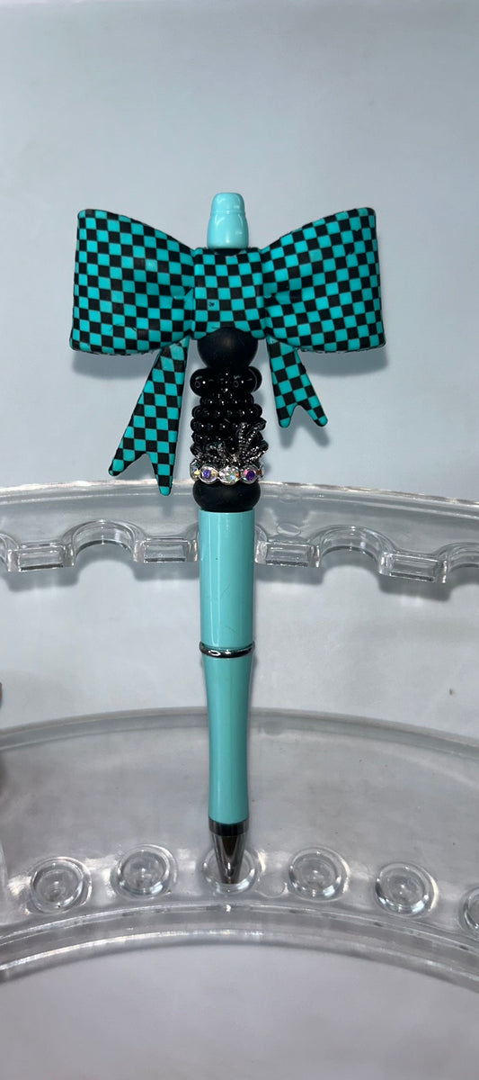 Teal Checkered Bow Teal Pen