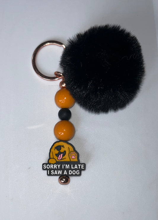 Sorry I Was Late Dog Black PomPom Keychain
