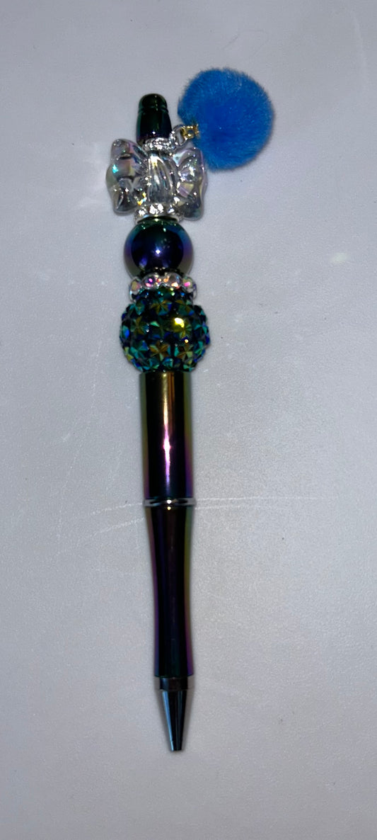 Bow Metallic Blue Pompom Pen