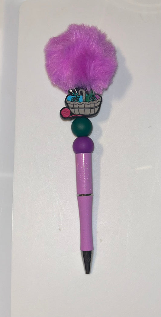 Crochet Basket Purple Pompom Purple Pen