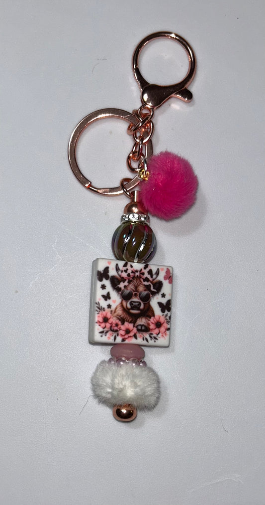 Highland Cow Pink Pompom Keychain