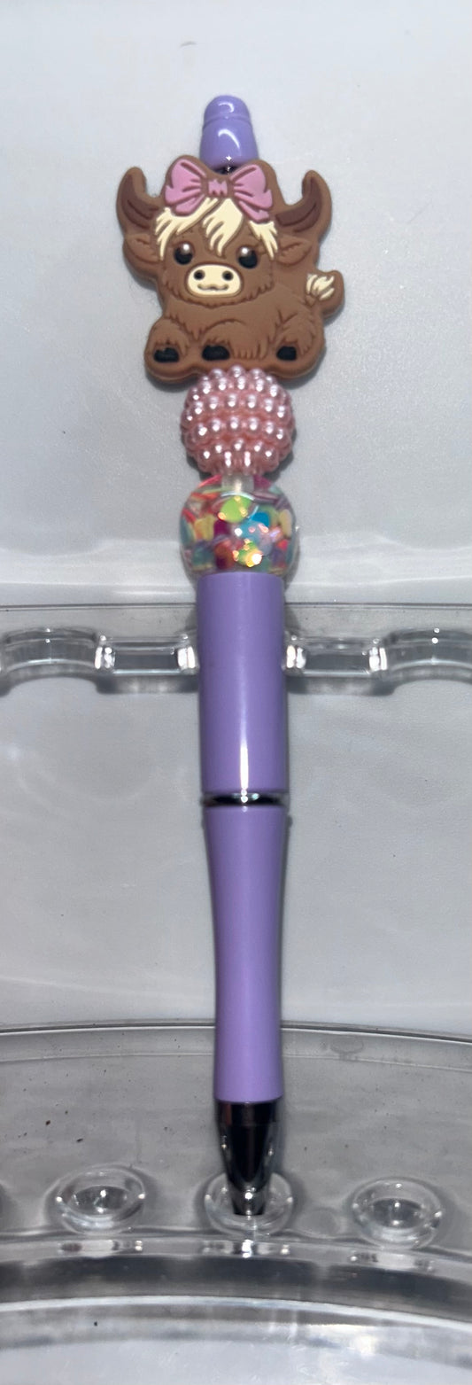 Highland Cow Pink Bow Purple Pen